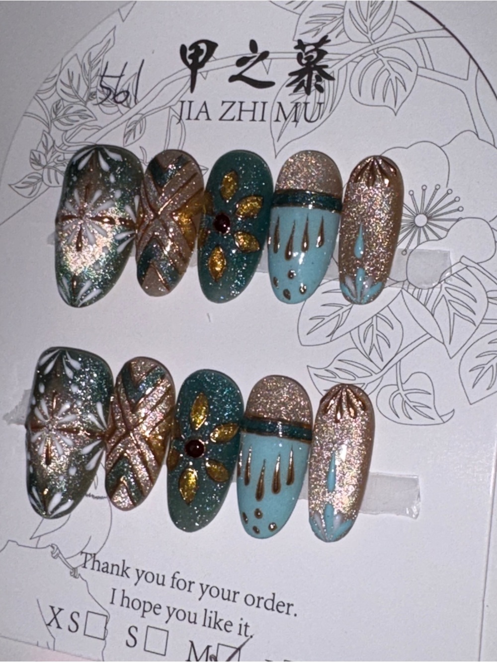 Teal & Gold Floral Press-On Nail Set by